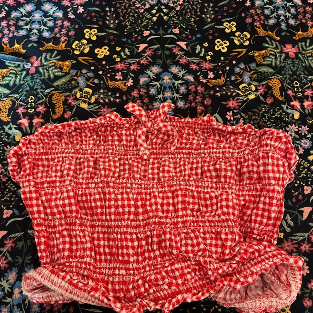 Red and White Gingham Ruffled Top